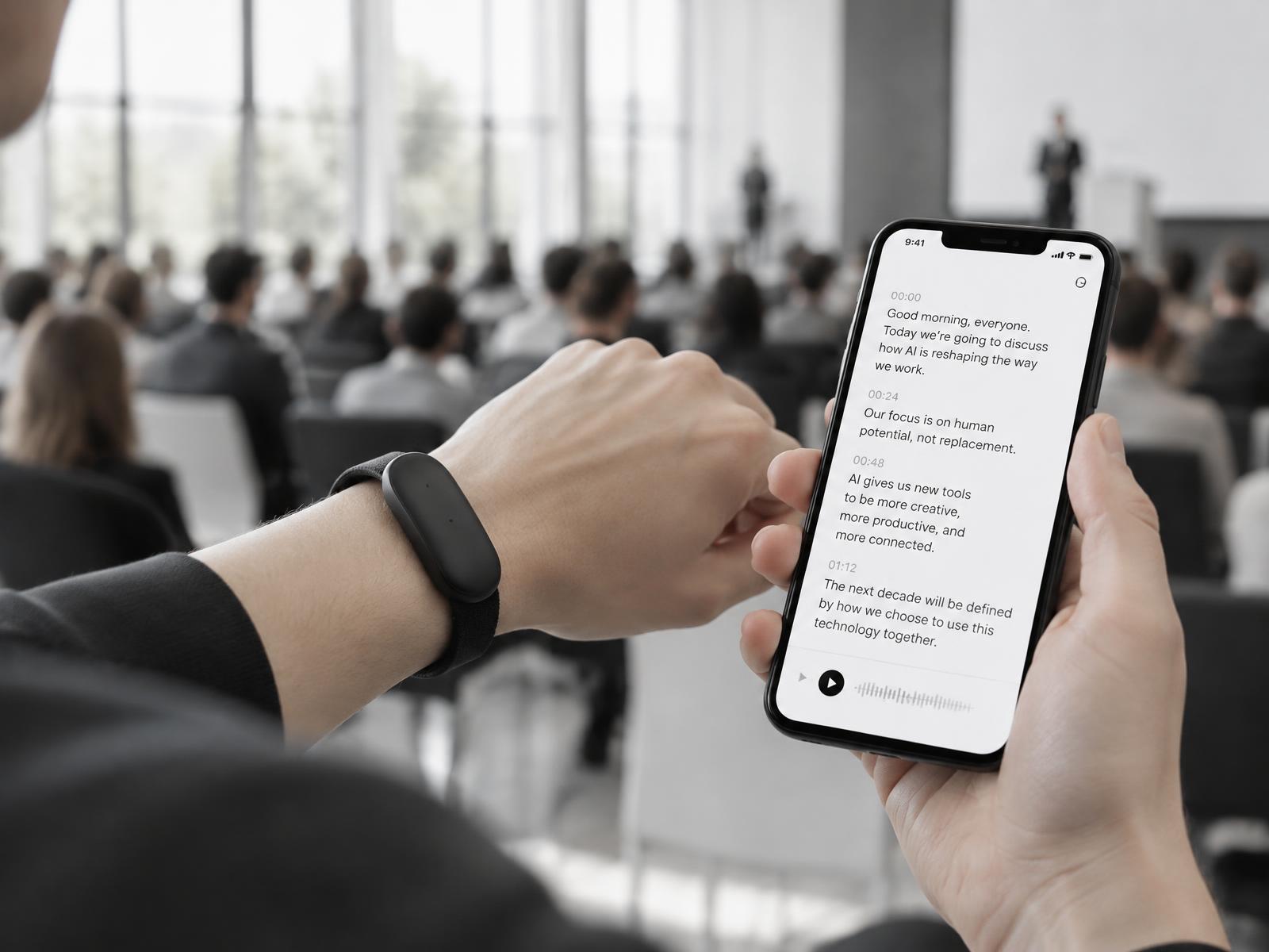 A wrist-worn note recorder capturing a talk while the transcript appears live on a phone